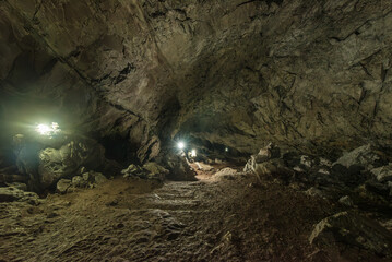 Ancient underground cave gruta de san pedro in atocha bolivia with beautiful stone shapes, stalactites and groundwater landscape
