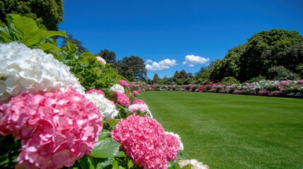 Obraz premium Vibrant pink and white roses bloom in a sunny garden showcasing nature's beauty and tranquility