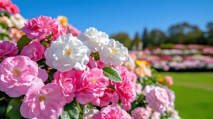 Vibrant pink and white roses bloom in a sunny garden showcasing nature's beauty and tranquility