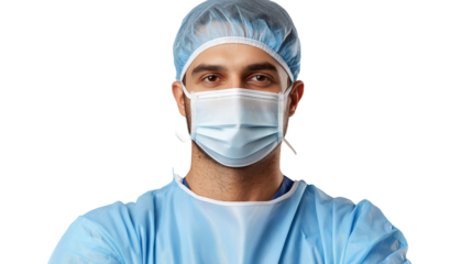 Portrait of a male surgeon wearing a light blue scrub uniform and a surgical mask pulled down, warm eyes, confident and caring expression, isolated PNG 