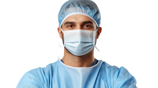 Portrait of a male surgeon wearing a light blue scrub uniform and a surgical mask pulled down, warm eyes, confident and caring expression, isolated PNG 