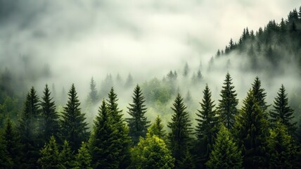 Misty forest landscape with lush green trees and a mysterious atmosphere.