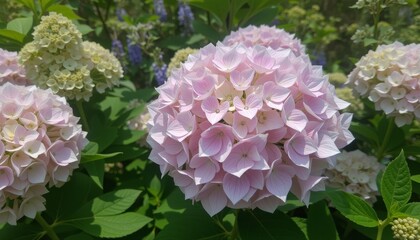  Close-up of pink and white hydrangea flowers creating a soft and delicate floral arrangement
