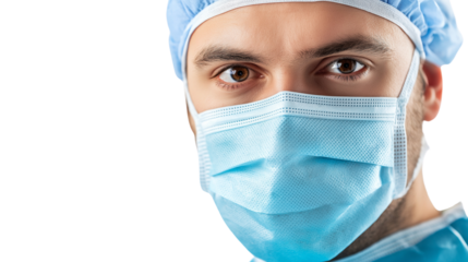 Portrait of a male surgeon wearing a light blue scrub uniform and a surgical mask pulled down, warm eyes, confident and caring expression, isolated PNG 