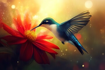 Obraz premium Hummingbird hovering near vibrant red flower in a sunlit garden