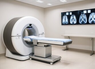 An X-ray machine scanning a patient in a hospital shows the bone structure and internal organs, an advanced medical diagnostic.