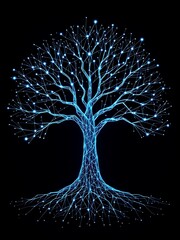 Glowing Network Tree Connecting Roots and Branches in Digital Futuristic Design Style