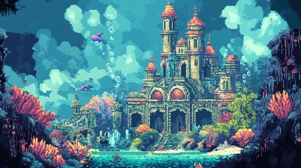 Fototapeta premium Underwater Pixel Art Castle