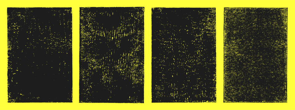 Linocut, relief block printing rectangle 2:3 shapes rough grunge textures set. Black linocutting textured backgrounds collection, text frames. Paint roller worn scuffed stains, lino ink grungy remains