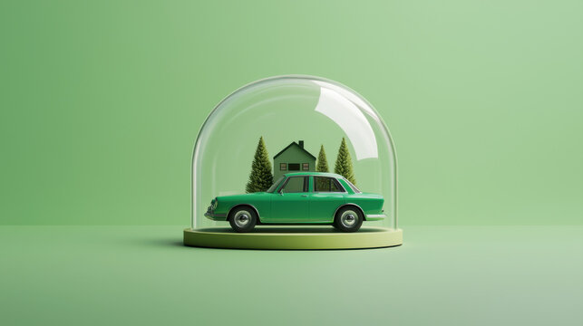 Green car and house inside glass dome with trees, creating whimsical scene, house and car insurance concepts.