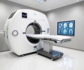 An X-ray machine scanning a patient in a hospital shows the bone structure and internal organs, an advanced medical diagnostic.