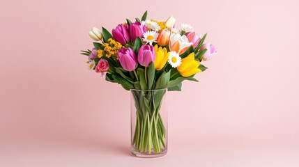 Fototapeta premium Colorful bouquet of fresh flowers in a clear vase against a soft pink background