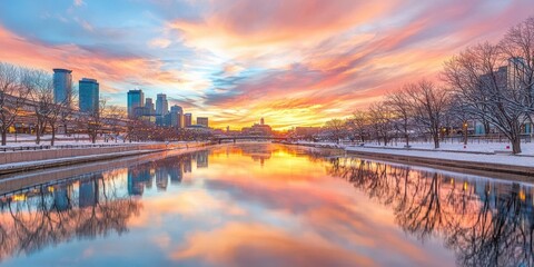 Fototapeta premium the Minneapolis waterfront at sunset, featuring reflections of the skyline in the shimmering river