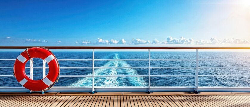 Vibrant ocean view from a cruise ship with a lifebuoy in the foreground.