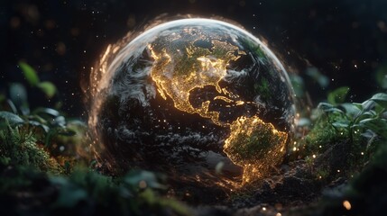 Obraz premium Glowing Earth surrounded by lush greenery at twilight showcasing the beauty of nature and our planet