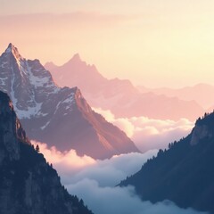 Soft peach light dissolves into misty clouds on peaks, serene, scenery, foggy