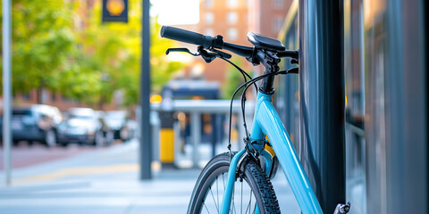 Naklejka premium Light Blue Bicycle Parked in Urban Setting