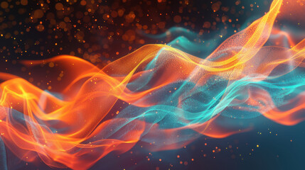 Obraz premium Colorful abstract waves of orange and blue with sparkling particles create dynamic visual effect, evoking sense of movement and energy