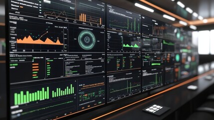 A high-tech control room filled with monitors displaying real-time data visualizations, graphs, and charts in a dark, modern setting with illuminated accents.