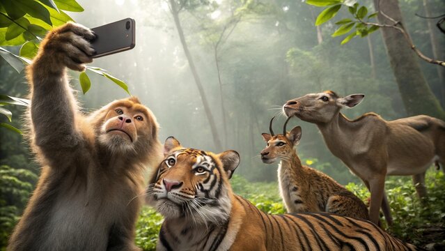 Cheeky Monkey Takes a Selfie with Lion and Deer in a Vibrant Jungle Scene