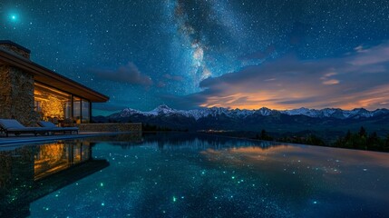 Breathtaking Night Sky Over Mountain Resort with Infinity Pool View