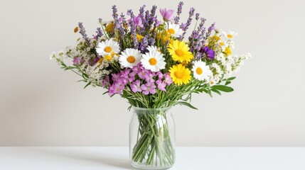 Fototapeta premium Brightly colored wildflowers arranged in a glass vase on a table against a neutral background