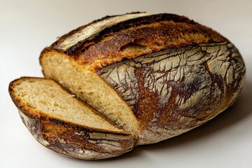 A close-up shot of a freshly baked sourdough bread loaf, partially sliced, showcasing its golden crust and airy interior, with a simple, clean background.