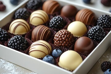 Assorted chocolate truffles and fresh berries create a delectable treat A perfect combination of sweetness and natural flavors