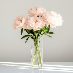 Obraz premium Soft pink peonies elegantly arranged in a clear vase on a minimalist table in natural light