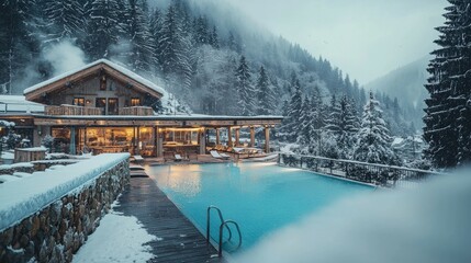 Cozy Wooden Cabin with Pool Surrounded by Snowy Mountain Scenery