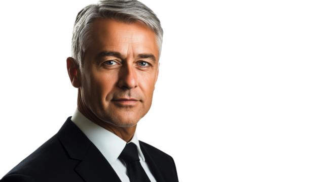 Senior executive man with silver hair, sharp blue eyes, wearing a classic black suit and tie, confident expression, transparent background 
