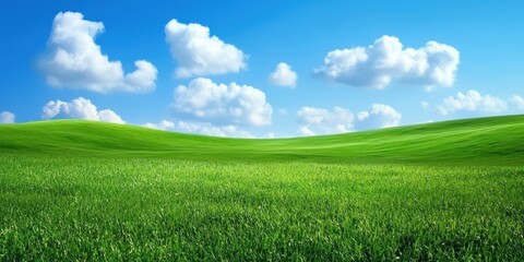 Fototapeta premium Vibrant green hills under a bright blue sky with fluffy white clouds.