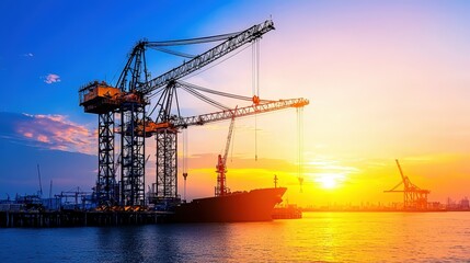 Obraz premium A vibrant sunset over a harbor, featuring cranes and a ship silhouetted against the colorful sky.