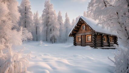 Obraz premium A frozen winter landscape with snow-covered trees and a wooden cabin. - 1