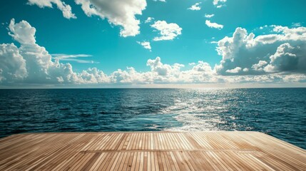 Fototapeta premium Serene Ocean View with Cloudy Sky from a Wooden Deck Over Water