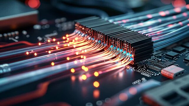 Detailed view of light pulses traveling through a fiber optic cable cross-section.