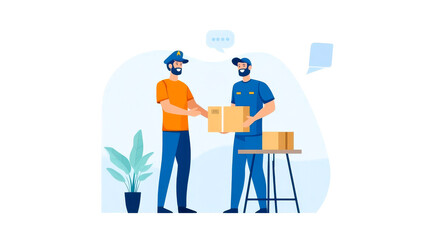 Two delivery workers exchanging a package in a modern, friendly setting with indoor plants and speech bubbles.