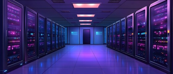 Futuristic Data Center Hallway with Glowing Servers and Neon Lights in a Cyberpunk Style