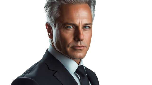 Senior executive man with silver hair, sharp blue eyes, wearing a classic black suit and tie, confident expression, transparent background 