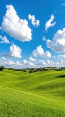 Fototapeta premium Lush green hillside under a bright blue sky with fluffy white clouds in a serene landscape setting