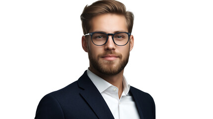 Portrait of a confident young businessman with a neatly trimmed beard, wearing a dark navy suit and modern glasses, slight smile, professional look, isolated on a transparent background 
