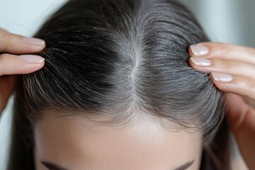 Portrait of a beautiful young woman examining her scalp and hair in front of the mirror, hair roots, color, grey hair, hair loss or dry scalp problem