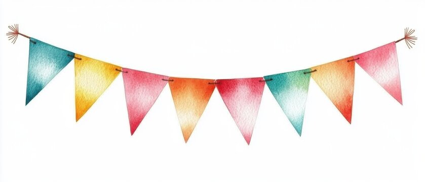 Colorful watercolor bunting flags strung together, ideal for celebrations and festive events.