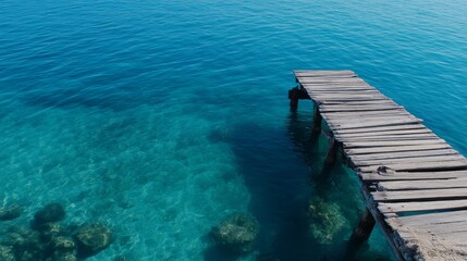 Fototapeta premium Serene wooden pier extending over crystal-clear turquoise waters with rocky seabed visible