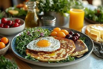 Delicious breakfast plate with sunny-side-up egg pancakes cherries and arugula salad A tasty start to the day!