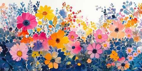 Vibrant watercolor florals burst with color—pink, yellow, orange, blue—in a harmonious symmetrical arrangement, creating an enchanting and dynamic background
