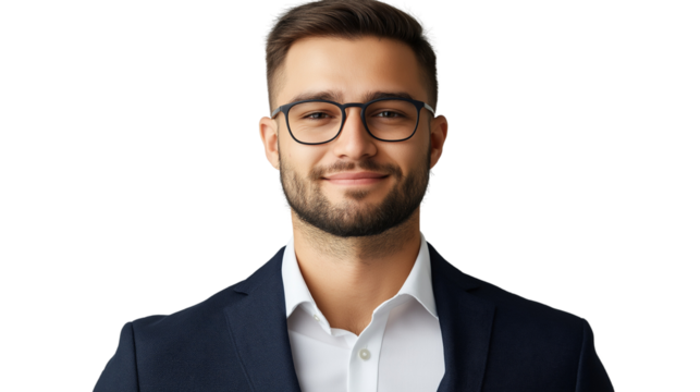 Portrait of a confident young businessman with a neatly trimmed beard, wearing a dark navy suit and modern glasses, slight smile, professional look, isolated on a transparent background 