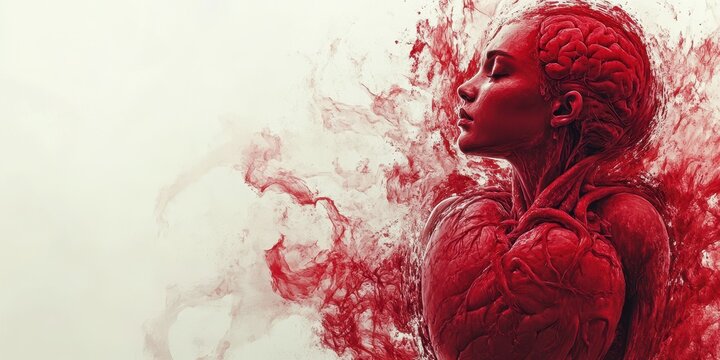 Artistic representation of a female figure surrounded by flowing red patterns and heart imagery