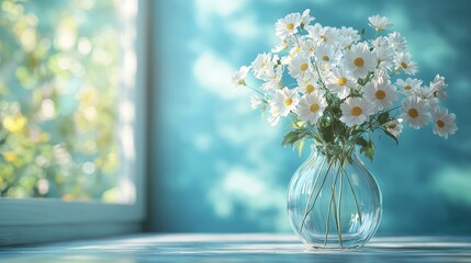 Fresh white daisies in a glass vase natural light floral arrangement indoor setting serene atmosphere