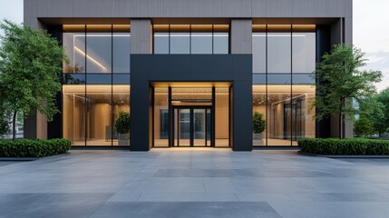 Modern office building entrance with glass facade and landscaping